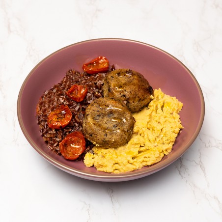 Polpette di melanzane con hummus di ceci, riso rosso e pomodorini confit [Gluten Free]