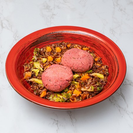Burger di fagioli cannellini e barbe rosse con riso rosso, carotine e broccoli [Gluten Free]