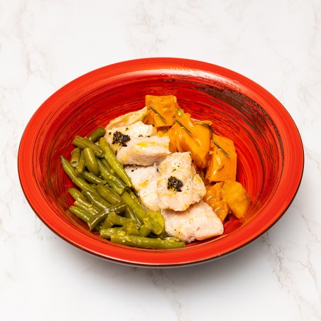 Tacchino in sous vide su letto di crema di piselli, patate americane dolci e fagiolini al limone [Gluten Free]