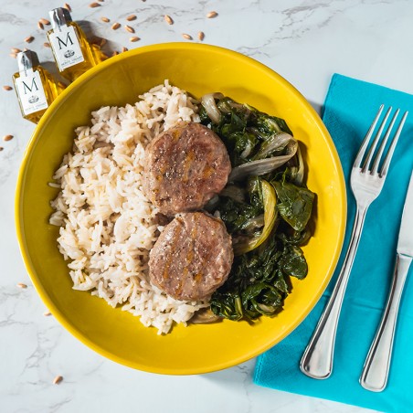 Mini Hamburger di manzo con crema di pepe, riso basmati e bieta al limone
