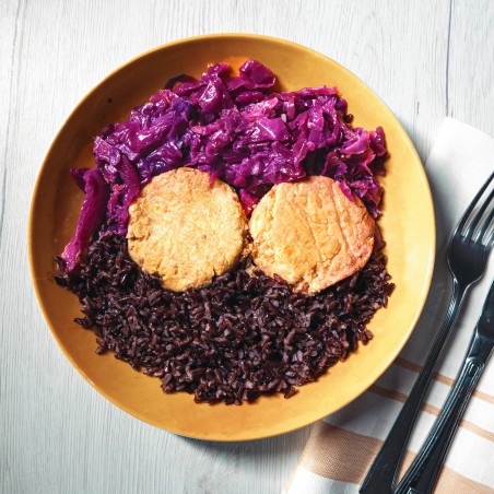 Hamburgerini vegani di ceci, limone e zenzero, riso venere e cavolo viola