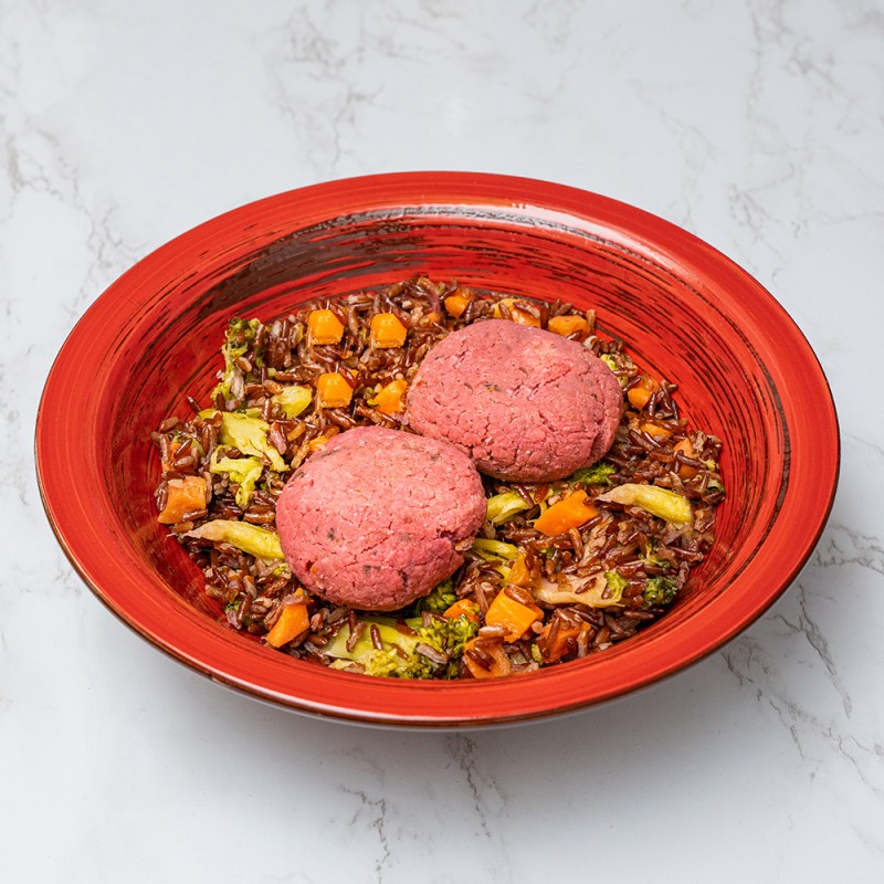 Burger di fagioli cannellini e barbe rosse con riso rosso, carotine e broccoli [Gluten Free]